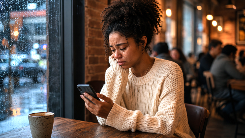 Une jeune femme triste est assise dans un café, et regarde son cellulaire.