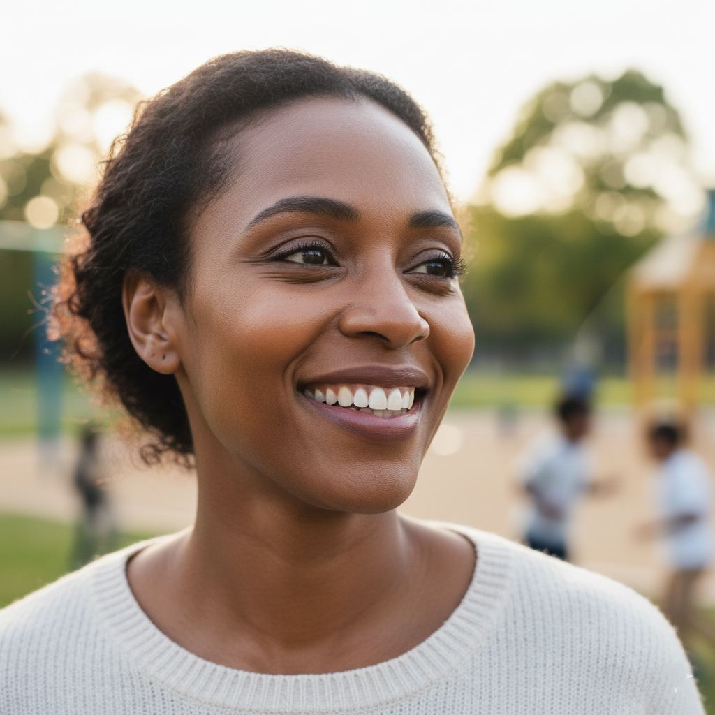 Jeune femme souriante dans un parc de jeux.