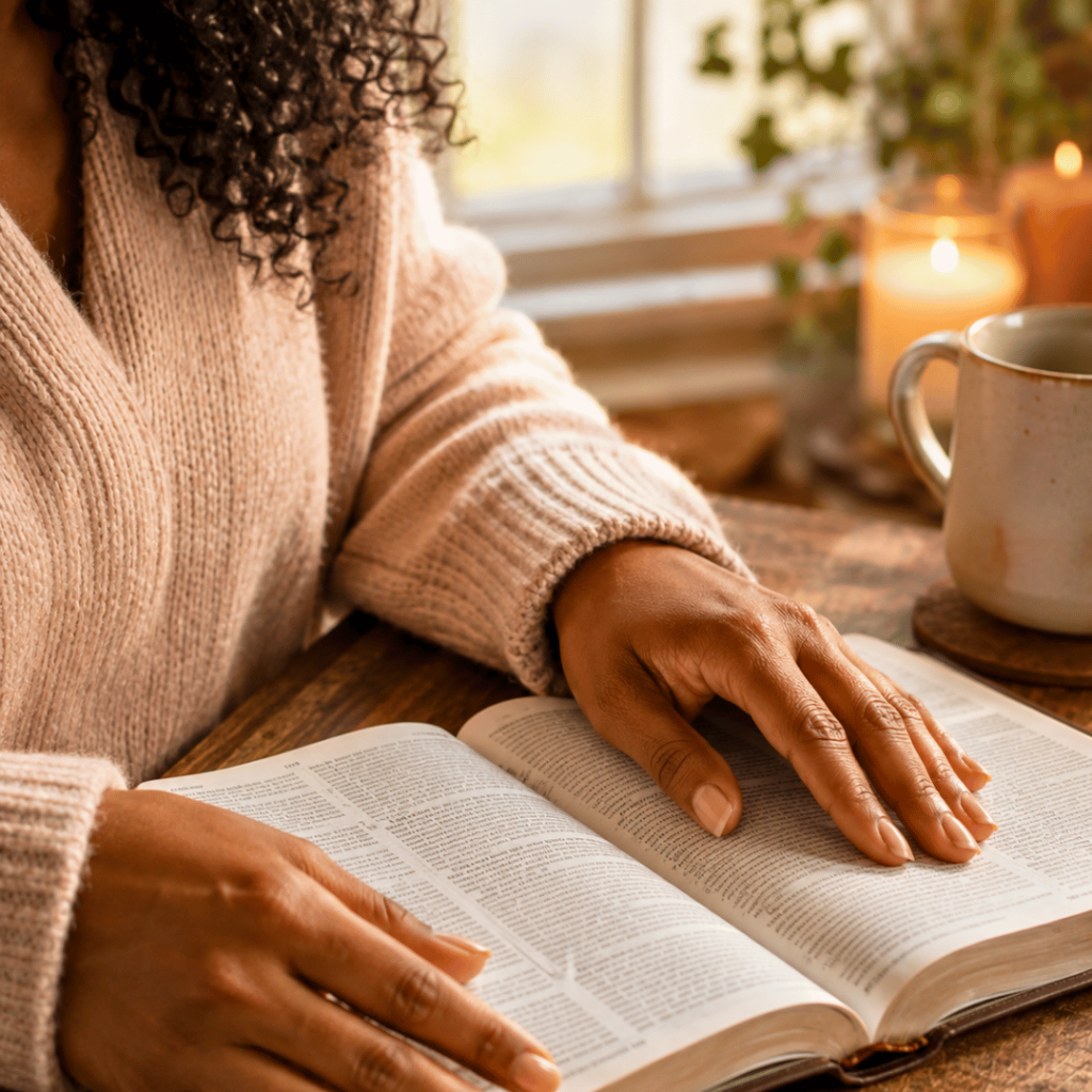 Deux mains d'une jeune femme posées sur une bible dans une atmosphère calme et méditative.