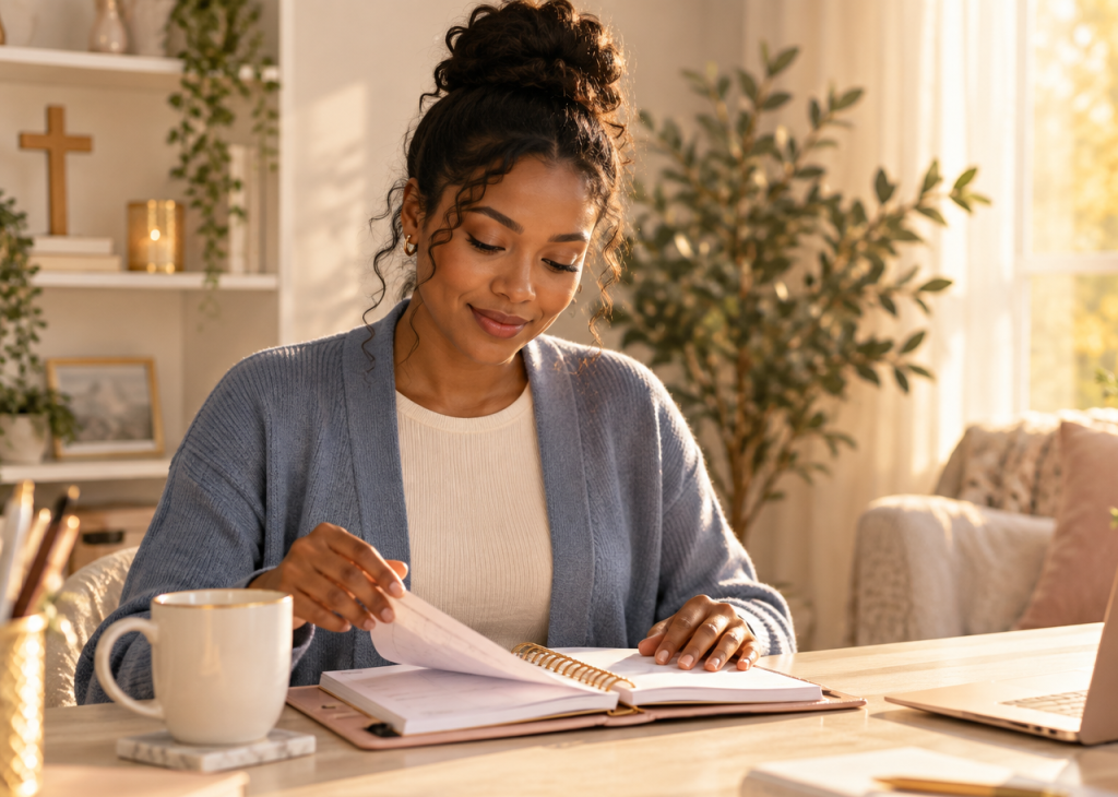 Une femme travaillant dans son agenda.